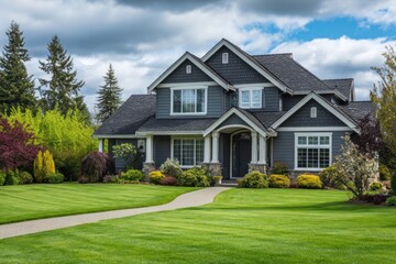 Exterior of a beautiful house showcases its contemporary architecture with a well-maintained front yard. Lush green grass and colorful shrubs enhance the welcoming atmosphere on an overcast day
