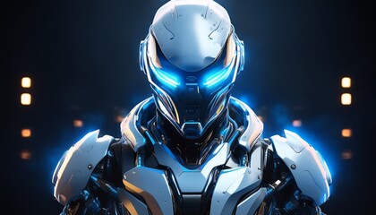 futuristic robot in dark studio advanced cybernetic armor with glowing blue accents dynamic pose high tech design military defense advanced futuristic