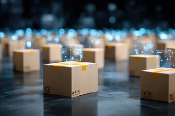 Numerous cardboard boxes are arranged neatly in a high-tech warehouse environment