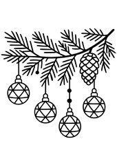 Black and white vector illustration of a Christmas tree branch with ornaments, perfect for engraving, prints, laser cutting, and holiday designs