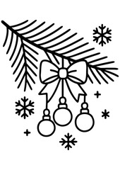 Black and white vector illustration of a Christmas tree branch with ornaments and bows, perfect for engraving, prints, laser cutting, and holiday designs