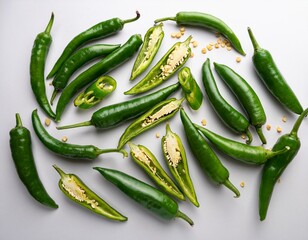 fresh green chili peppers with some sliced to show seeds arranged neatly on a white background looking spicy fresh and vibrant for cooking or seasoning dishes