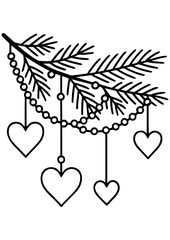 Black and white vector illustration of a Christmas tree branch with heart and bead ornaments, perfect for engraving, prints, laser cutting, and holiday projects