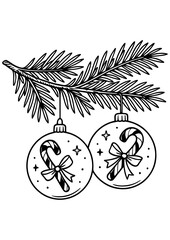 Black and white vector illustration of a Christmas tree branch with ornaments and candy inside, ideal for engraving, prints, laser cutting, and holiday designs