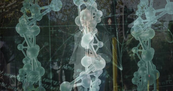 Displaying molecular chain over wooded AR scene, with floating data overlays, connection points