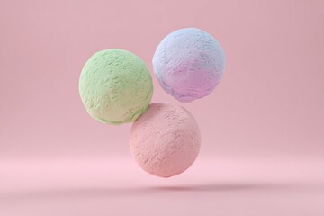 Three delightful scoops of ice cream in soft green, pink, and blue float against a pastel pink background, creating a whimsical summer treat that delights the senses