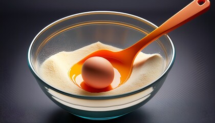 a glass bowl with a beige egg sitting in it and an orange spatula on top used for making cake batter
