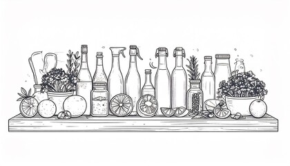 Cocktail Ingredients Line Shelf Illustration.