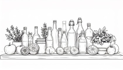 Kitchen Shelf Herbs Spices Bottles Fruits Vector.