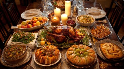Fototapeta premium A delightful Thanksgiving table is filled with a roasted turkey at the center, surrounded by a variety of traditional dishes, colorful fruits, and candles, creating a warm festive atmosphere