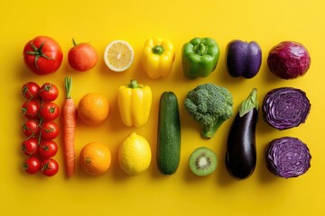 Various fresh fruits and vegetables arranged neatly on yellow. It can be used to illustrate healthy eating and nutrition concepts.