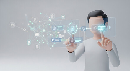 Futuristic digital interaction person interacting with holographic screens and data visualizations in a bright studio environment