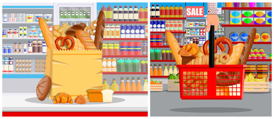 Man hand holding grocery basket full of fresh bread products, paper bag with bakery food in supermarket, sales concept.