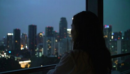 Woman city night view balcony.