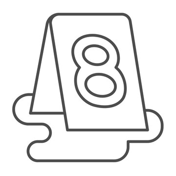 Tablet with mark in blood puddle thin line icon, police force concept. Vector graphics. Eight number of evidence, trace sign on white background, outline style icon for mobile or web design.