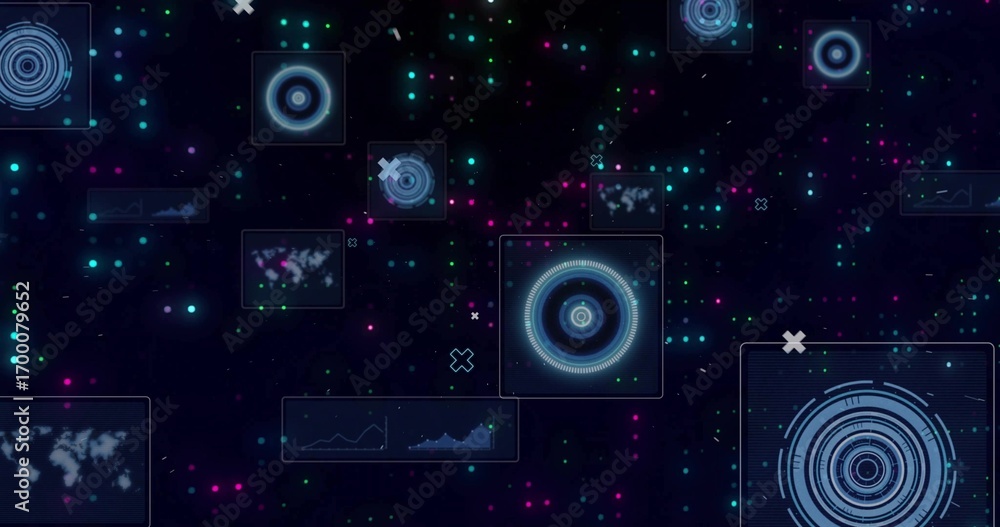 Poster floating concentric hud element glowing in data environment, with graph and map panels, icons, dots