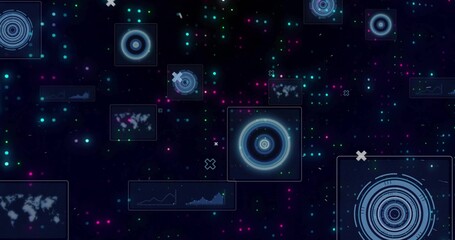 Floating concentric HUD element glowing in data environment, with graph and map panels, icons, dots