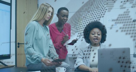 Collaborating three professionals reviewing data in meeting room, with laptop and world map overlay