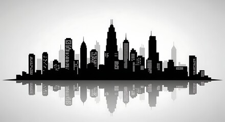Sleek black silhouette of a modern city skyline with tall skyscrapers and illuminated windows, reflected on a light grey background. Ideal for urban themes, business, and abstract designs.