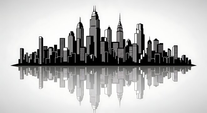A striking black silhouette of a modern city skyline with a mirrored reflection on a light gray background, perfect for urban design and architectural themes.