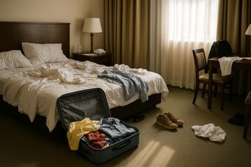 Hotel room shows a bed and suitcase with clothing.