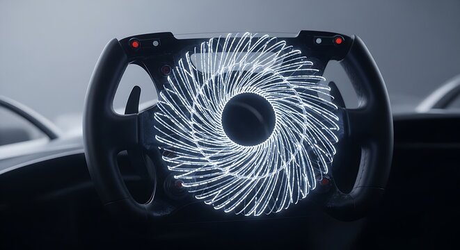 A futuristic car steering wheel with a captivating glowing light design, showcasing advanced automotive technology and sleek interior aesthetics. Ideal for tech and automotive concepts.