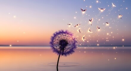 Magic Dandelion: Glowing Birds Taking Flight at Sunset