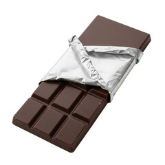 Dark chocolate bar with wrapper partially open isolated on transparent background
