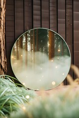 Circular Mirror Reflecting Dreamlike Landscape Vector Illustration