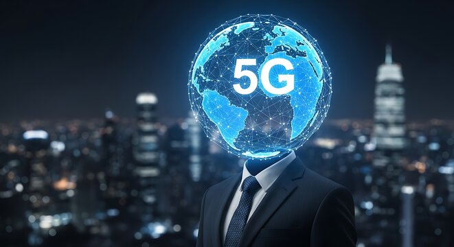 Businessman with a glowing 5G global network globe as his head, set against a blurred city night. Symbolizes worldwide 5G technology, business, and connectivity.