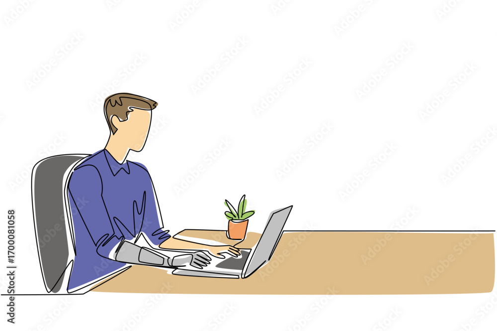 Poster continuous line drawing of a young man with a bionic arm working on a laptop, symbolizing assistive 