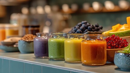 Colorful smoothies in glass jars with fruit toppings displayed on bar. Use this image for a healthy eating blog or restaurant menu.