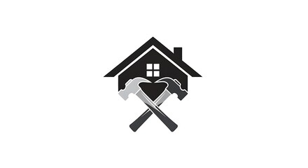 A striking black and grey logo featuring a house with two crossed hammers, symbolizing home repair, construction, and renovation services. Ideal for contractors, handymen, or real estate businesses.