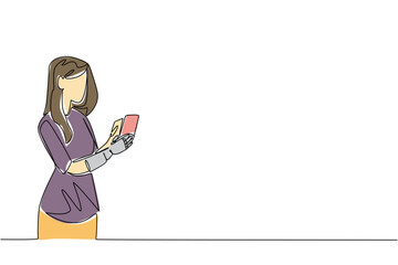 Single line drawing of a woman with prosthetic arm using a smartphone, highlighting accessibility and empowerment through assistive devices, health concept, World Day for Assistive Technology.