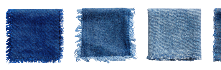 Four swatches of denim fabric in varying shades of blue, each with a frayed edge