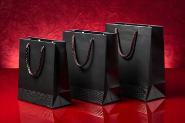 Elegant Black Shopping Bags on Red Background with Textured Handles