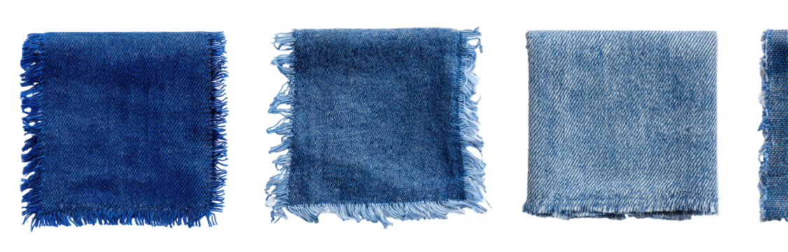 Four swatches of denim fabric in varying shades of blue, each with a frayed edge