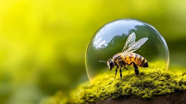 Honeybee on Mossy Outcrop Beneath Glass Dome, Representing Nature s Fragility and Eco Protection