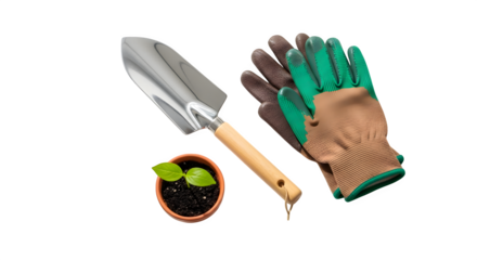 Gardening tools including a trowel, gloves, and a small pot with seedlings, representing the joy and fulfillment of nurturing plants isolated on transparent background