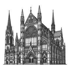 grand gothic cathedral facade with pointed spires, ornate arches, and a large rose window sketch engraving generative ai vector illustration. Scratch board imitation. Black and white image.