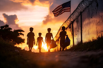Sunset silhouette of children walking past the fence at the border with American flag, immigration issue