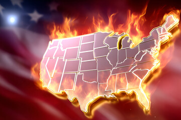 Fiery united states map with american flag background
