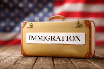Immigration concept with suitcase on wooden surface against american flag background