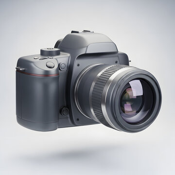 A modern dslr camera with a zoom lens on a white studio background