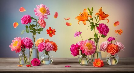 Vibrant floral display featuring colorful roses, peonies, and lilies in glass vases on a rustic wooden table against a soft gradient background. Perfect for spring, summer, and celebration themes.