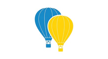 Fototapeta premium Soaring together, vibrant blue and sunny yellow hot air balloons ascend against a clean white background, symbolizing adventure and shared journeys.