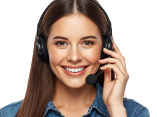 Smiling customer service representative wearing a headset against transparent space