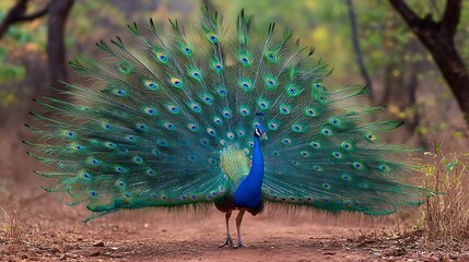 Obraz premium Majestic peacock displaying its vibrant plumage in a captivating full fan, showcasing natures artistry and beauty