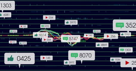 Displaying digital visualization on dark grid interface, with waveform lines and metric icons
