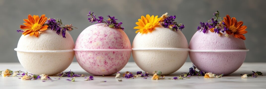 Colorful floral bath bombs in a serene spa setting, wellness concept - Powered by Adobe